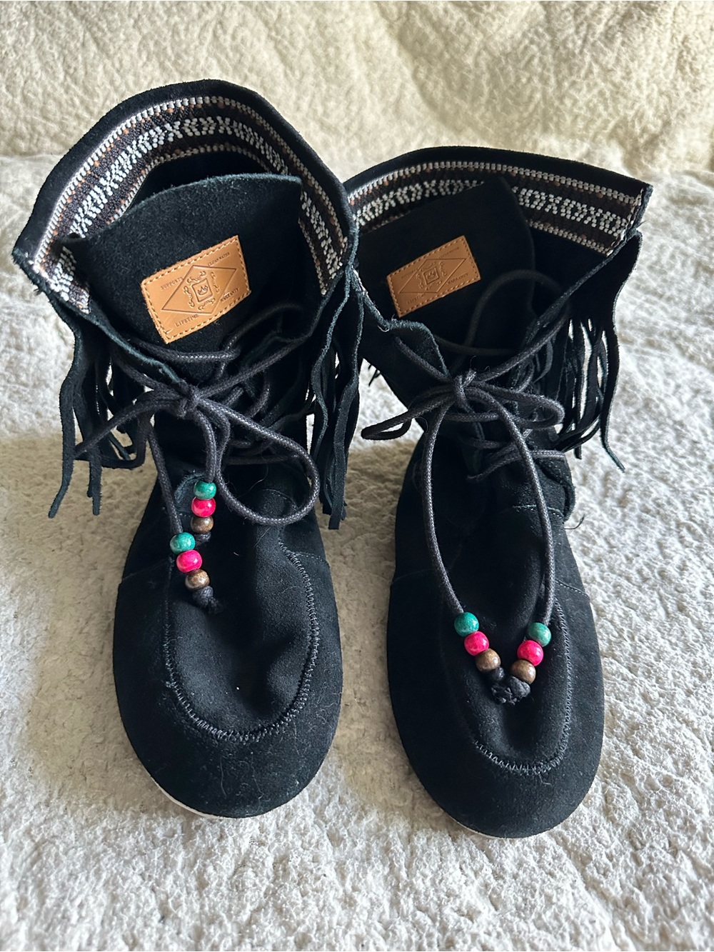 Black Suede Fringe Lace-Up Women's Moccasin Boots with Bead Accents